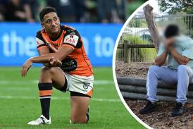 Brandon Wakeham playing for the Tigers on March 24, 2023 (left) and after his arrest at Brookvale Oval on May 15. Picture NSW Police/AAP Image/James Ross
