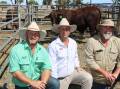 With the sales $10,000 top price bull, Biara 2129 (PP), were Nutrien Livestock Northampton agent Chad Smith (left), Biara stud co-principal Glenn Hasleby, Northampton and buyer Jeremy Forbes, LG & AE Forbes, Narra Tarra.
