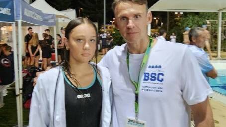 Brooklyn Rayne with Busselton Swimming Club coach Andrew Sexton. Pictures supplied. 